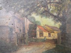 A 20th century oil on canvas, buildings in a rural setting, indistinctly signed to the lower right