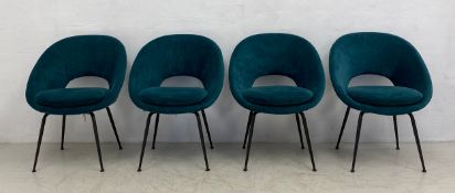A set of four contemporary teal velour upholstered West Elm Orb dining chairs. H.83cm
