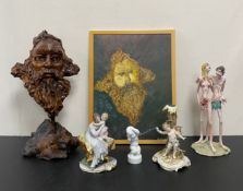A mixed collection to include a signed studio pottery figure group, a Dresden style figural putto