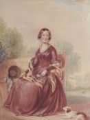 A 19th century watercolour depicting a seated lady and dog in a glazed gilt frame, indistinctly