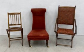 A C.1900 velour upholstered nursing chair along with a folding campaign chair and one other. H.93