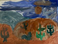A large watercolour painting depicting stylised cactuses in an abstract desert landscape in a glazed