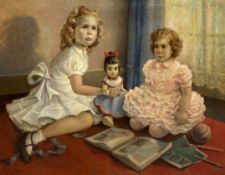A 20th century oil on canvas, portrait of two children at play, signed A.L. Wyatt to the lower