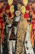 A contemporary acrylic painting on board, portrait of the Pope surrounded by Cardinals, in a gilt