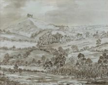 A contemporary ink and wash landscape, Colmer's Hill, Symondsbury, West Dorset, signed M.I.