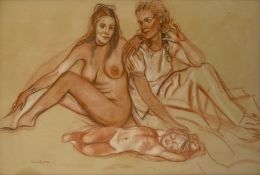 A contemporary sanguine and white chalk figure group portrait, signed and dated 1976 to the lower