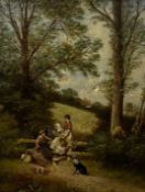 A 19th century genre style oil on board, figures and a dog in a rural landscape in a gilt frame.