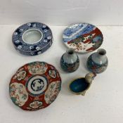 An Imari plate along with a collection of Oriental items to include a cloisonne bird figure. Dia.