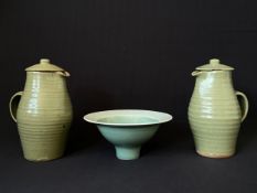 A Julie Ayton pedestal bowl, a Leach pottery lidded jug and one other. H.24cm (jugs)