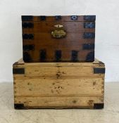 A 19th century iron bound oak silver chest with inscribed brass plaque along with a 20th century