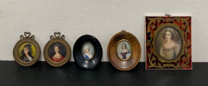 A collection on five 19th century and later miniature portraits to include three signed with one
