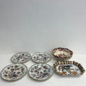 A set of four 19th century hand decorated dinner plates with a Mason's and a Losel Ware dish. Dia.