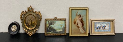 A collection of five miniatures to include an Italian school painting of a ruin in a gilt Florentine
