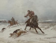 Petr Petrovich Sokolov (1821-1899), a 19th century lithograph titled 'Coursing with Salukis', signed