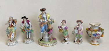 Six 19th century and later porcelain figures to include a pair of Capodimonte along with a Dresden