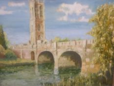 A contemporary oil on canvas, view of Magdalen College, Oxford, signed J. Creasy to the lower