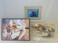 A crayon and watercolour nude study in the style of Matisse, signed, unglazed, a still life