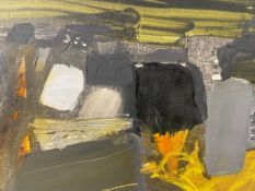 A mid-century oil on canvas, abstract landscape, signed to the lower right in a painted frame.