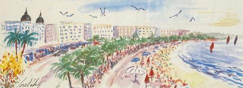 A contemporary watercolour view of Cannes, signed to the lower left in a glazed frame. 24x44cm