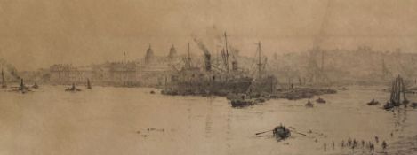 William Lionel Wyllie (1851-1931), a signed etching, Sugar Boats off Greenwich, framed and glazed.