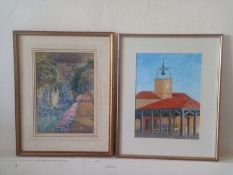 Mary Stevens (1886-1924), a watercolour, country garden and Bruce McKenzie, an acrylic study, market