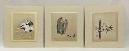 Three Japanese ink paintings on paper to include one titled 'Hotei Watching a Cockfight' after the