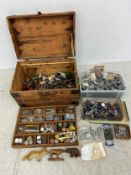A vintage fitted box containing a collection of lead toys and others along with repair and