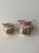 Two 19th century Sunderland lustreware jugs each with various transfer printed cartouches