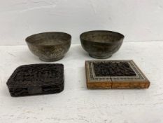 A 19th century Cantonese carved tortoiseshell box, a pair of Middle Eastern engraved metal bowls and