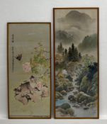 A 20th century Chinese silk needlepoint tapestry depicting a cat and butterfly among foliage along