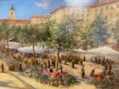 A 20th century oil on board titled 'Marche Aux Fleurs, Nice', signed to the lower right in a gilt