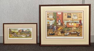 Two contemporary lithographs titled 'Riverside Picnic' and 'It's a Dog's Life' by Linda Jane Smith