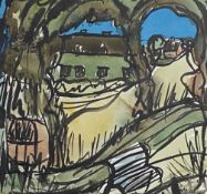 A contemporary abstract watercolour study of a rural cottage by Ernest McDowell, signed to the lower