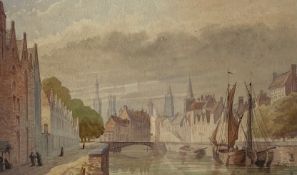 A 19th century watercolour view of a river in a Continental city in a glazed gilt frame. 44x57cm
