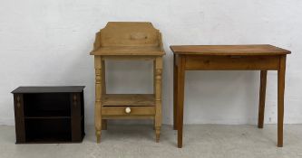 A 19th century pine washstand, a 19th century pine side table and a C.1900 oak and inlaid desktop or