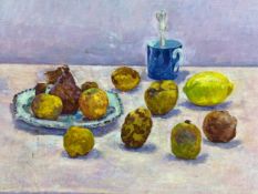 A 20th century oil on canvas titled 'Still Life with Quinces and Cup' by Michael Grimshaw in its
