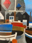 Henry Collins (1910-1994), a 20th century oil on collaged wood panel titled 'Fishing Boats,