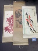 Three large Chinese scrolls, Koi carp, Fuschias and mountaineous landscape, all signed. 205x63 (