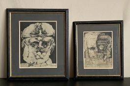 Two 1970s Russian lithographs, abstract satirical portraits, both signed in glazed frames. 50x44cm