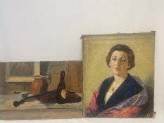 A 20th century oil on canvas, still life violin, bottle and jug along with a 20th century portrait