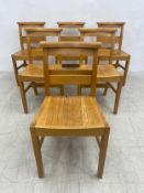 A set of six vintage solid beech War Department dining chairs with maker's marks. H.81cm