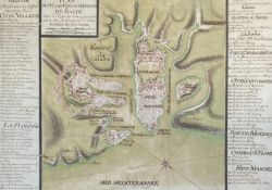 A 19th century French hand drawn in ink and coloured map of Valetta, Malta: Plan des villes, forts