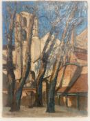 A 20th century oil on canvas by Louis Hache, trees in a Continental village courtyard, signed to the