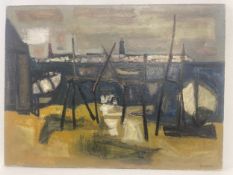 Raymond Guerrier (1920-2002), a 20th century oil on canvas, abstract shipyard and harbour, signed to