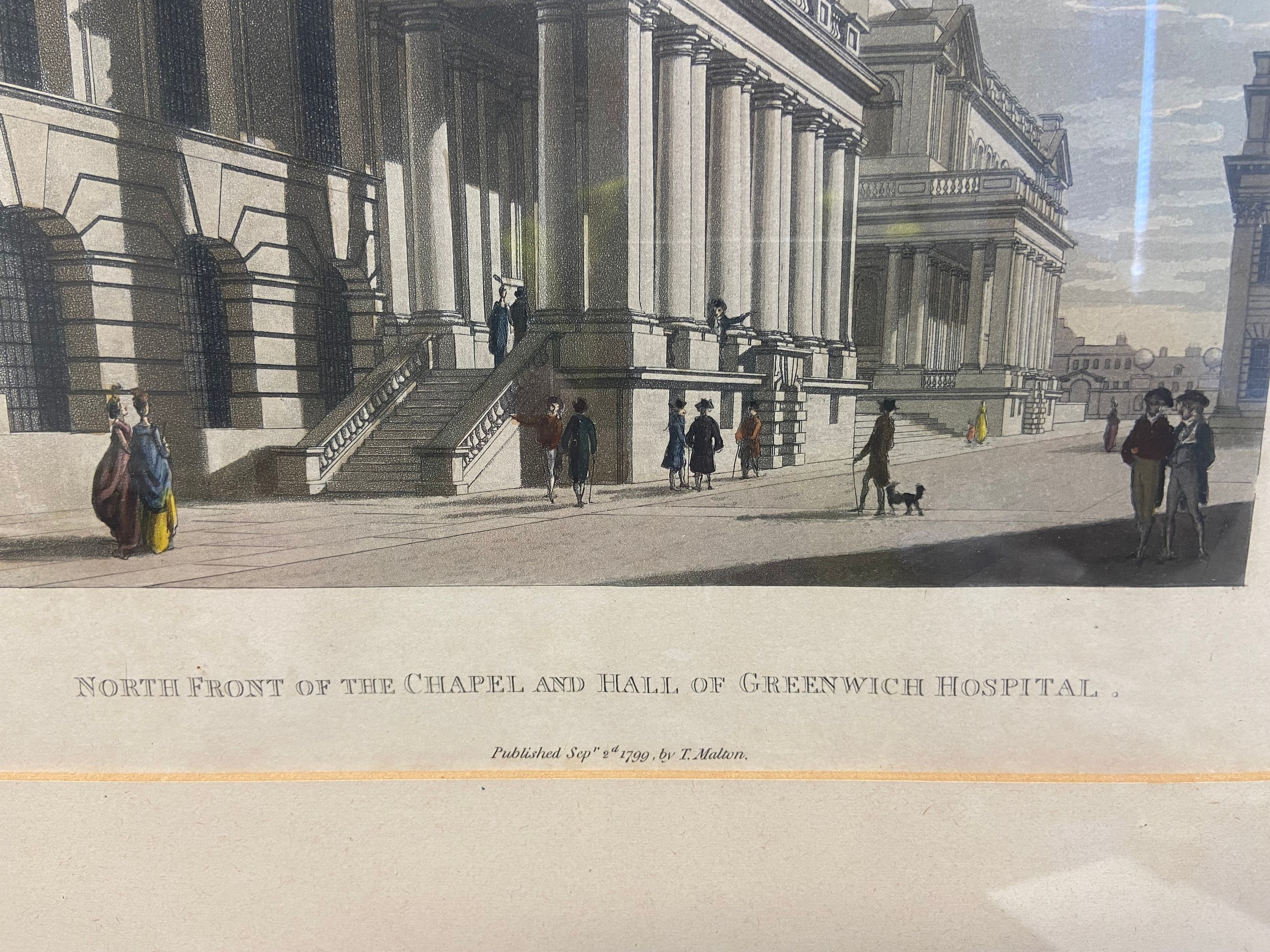 A set of three 18th century hand coloured engravings, Greenwich Hospital, published by T Malton Sept - Image 2 of 4