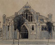A contemporary pen and watercolour study titled 'St. Michael & All Angels, Watford' signed John