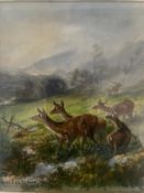 After Johann Christian Kroner, a 20th century watercolour depicting red deer in a misty country