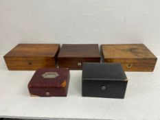 Five 19th century boxes, walnut, rosewood and mahogany and to include two leather clad examples.
