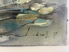 A mid century oil on canvas, abstract still life vase flowers and vase, signed and dated 1959 to the