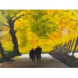A framed and glazed pastel; a couple on a path, label to reverse. 56x46cm.